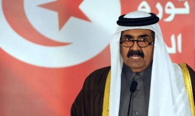 Cheikh Hamad le 14 janvier 2012 à Tunis pour la célébration du 1er anniversaire de la révolution.